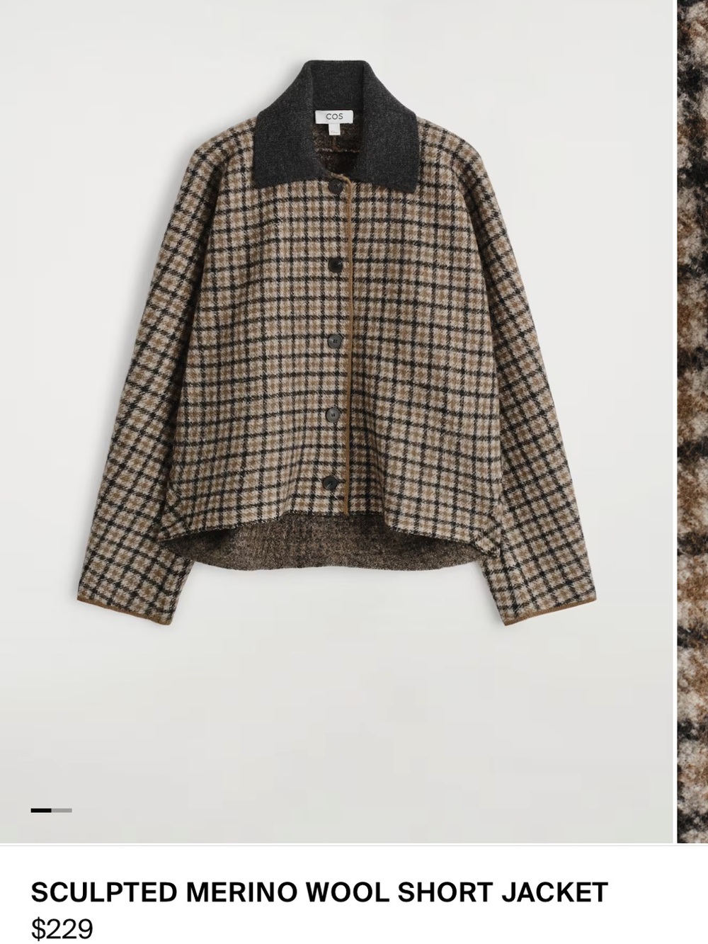 COS Sculpted Merino Wool Short Jacket Beige Checked 
Size medium - Picture 2 of 6